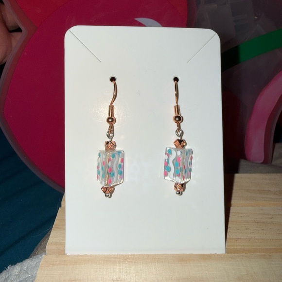 Jewelry - Elegant Lamp Work Glass Polka Dot Earrings with Copper Finishings